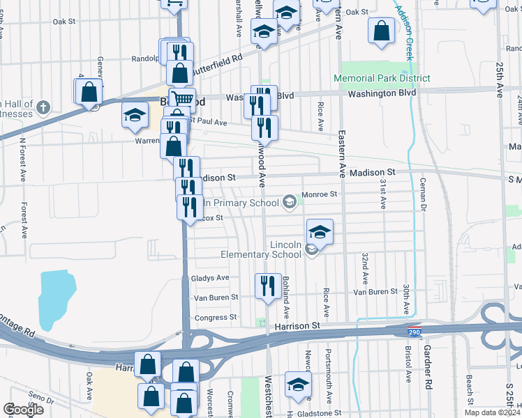 map of restaurants, bars, coffee shops, grocery stores, and more near 3716 Monroe Street in Bellwood