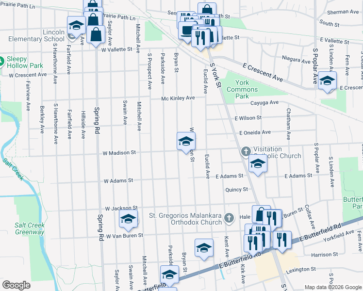 map of restaurants, bars, coffee shops, grocery stores, and more near 731 Bryan Street in Elmhurst