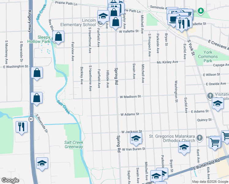 map of restaurants, bars, coffee shops, grocery stores, and more near 748 Spring Road in Elmhurst