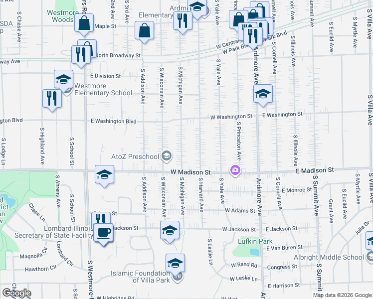 map of restaurants, bars, coffee shops, grocery stores, and more near 640 South Michigan Avenue in Villa Park