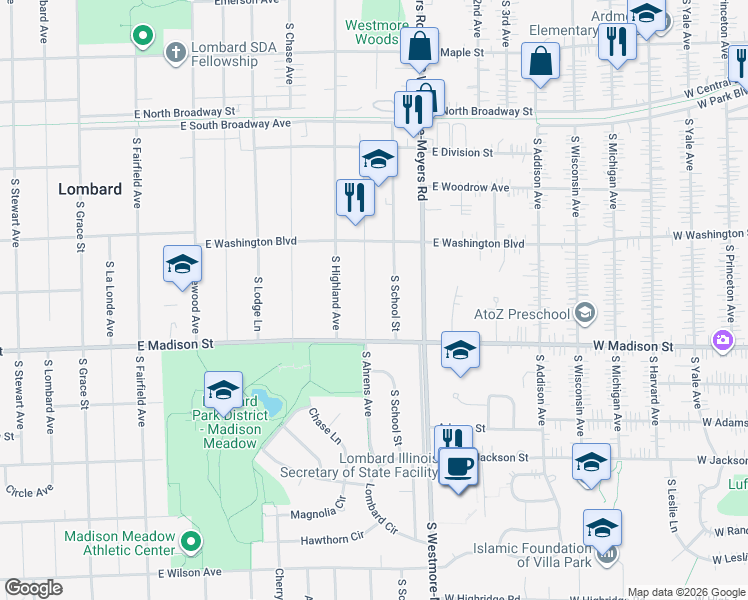 map of restaurants, bars, coffee shops, grocery stores, and more near 537 South Ahrens Avenue in Lombard