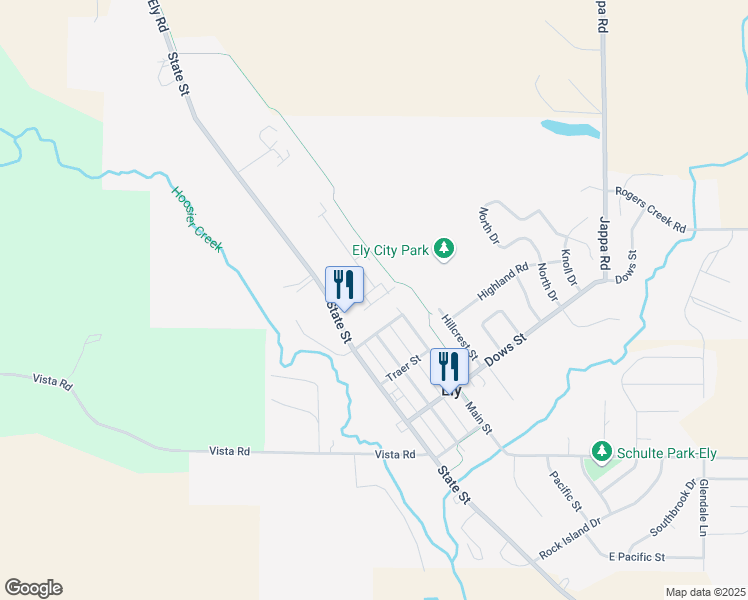map of restaurants, bars, coffee shops, grocery stores, and more near 1820 Wrigley Street in Ely