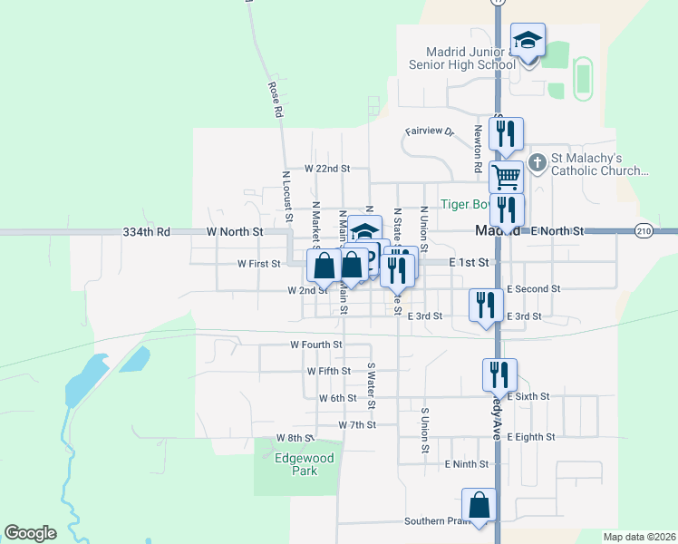 map of restaurants, bars, coffee shops, grocery stores, and more near 301 West 1st Street in Madrid