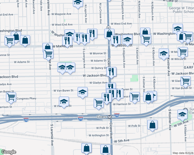 map of restaurants, bars, coffee shops, grocery stores, and more near 4846 West Jackson Boulevard in Chicago