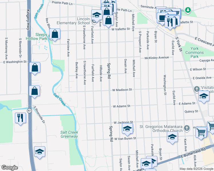 map of restaurants, bars, coffee shops, grocery stores, and more near 748 Spring Road in Elmhurst
