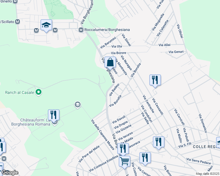map of restaurants, bars, coffee shops, grocery stores, and more near 43 Via Badesi in Roma