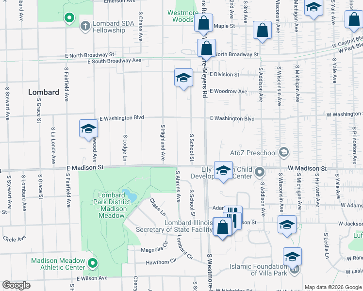 map of restaurants, bars, coffee shops, grocery stores, and more near 537 South Ahrens Avenue in Lombard