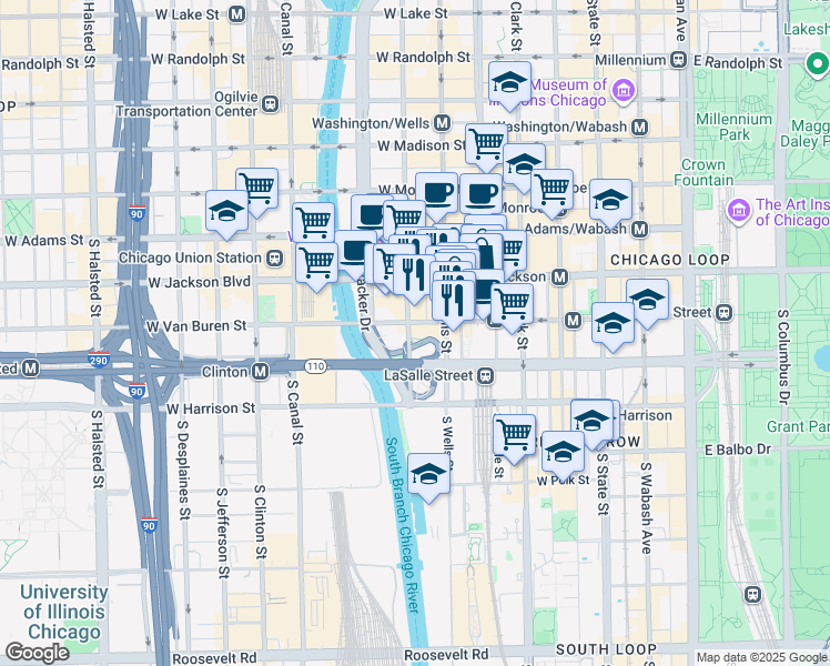 map of restaurants, bars, coffee shops, grocery stores, and more near 235 West Van Buren Street in Chicago