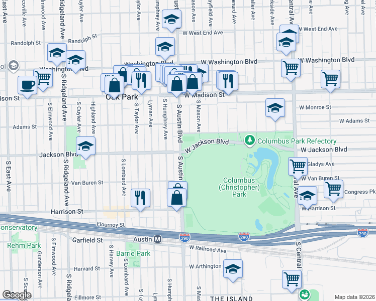 map of restaurants, bars, coffee shops, grocery stores, and more near 300 South Austin Boulevard in Oak Park