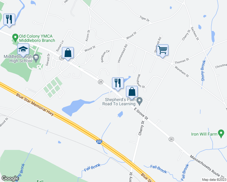 map of restaurants, bars, coffee shops, grocery stores, and more near 107 East Grove Street in Middleborough