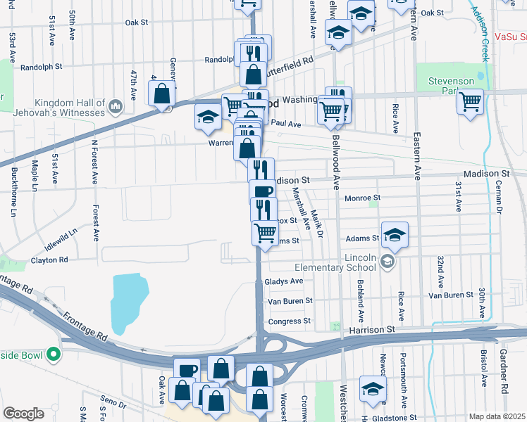 map of restaurants, bars, coffee shops, grocery stores, and more near 4000 Monroe Street in Bellwood