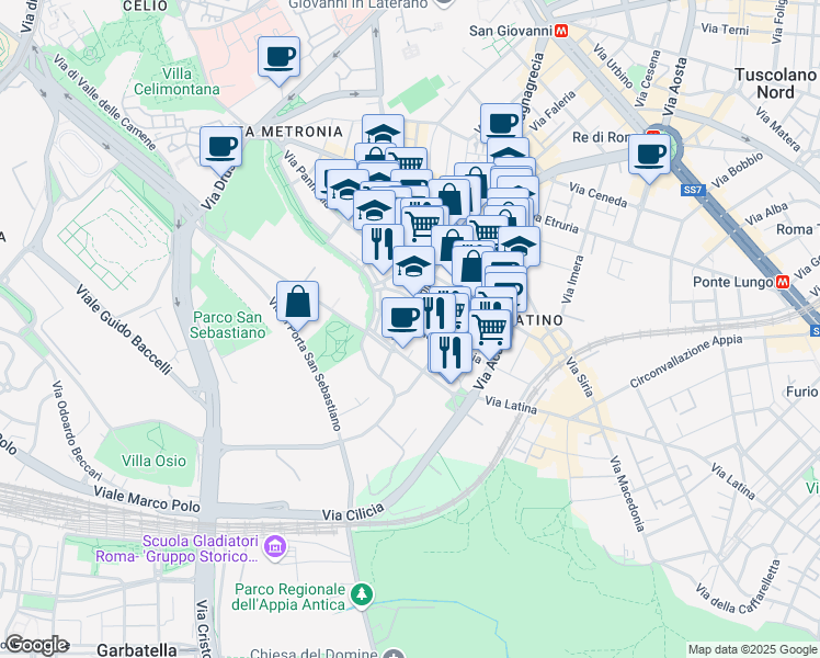map of restaurants, bars, coffee shops, grocery stores, and more near 19 Via Lusitania in Roma
