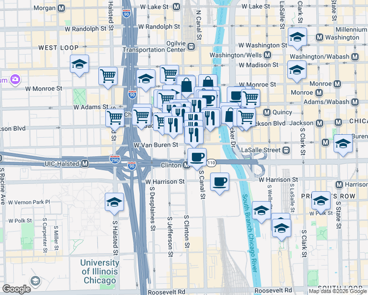 map of restaurants, bars, coffee shops, grocery stores, and more near 320 South Canal Street in Chicago