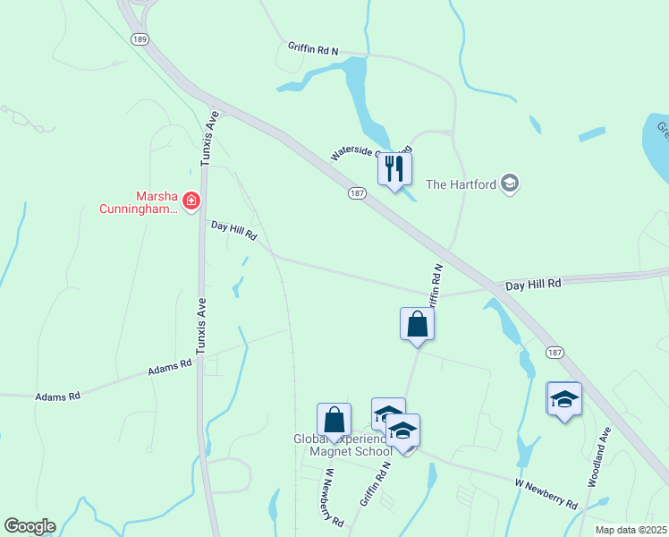 map of restaurants, bars, coffee shops, grocery stores, and more near 2000 Day Hill Road in Windsor