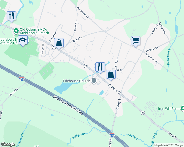 map of restaurants, bars, coffee shops, grocery stores, and more near 8 Basking Ridge in Middleborough