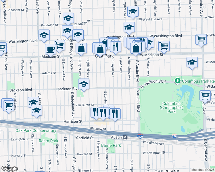 map of restaurants, bars, coffee shops, grocery stores, and more near 642 South Lombard Avenue in Oak Park