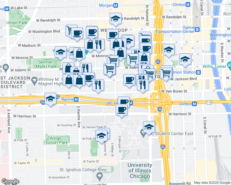 map of restaurants, bars, coffee shops, grocery stores, and more near W Van Buren St & S Morgan St in Chicago