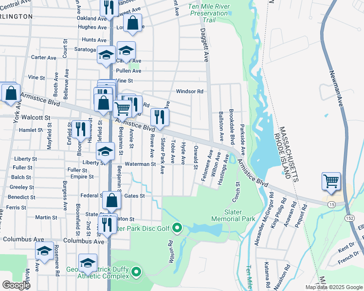map of restaurants, bars, coffee shops, grocery stores, and more near 4 Hyde Avenue in Pawtucket