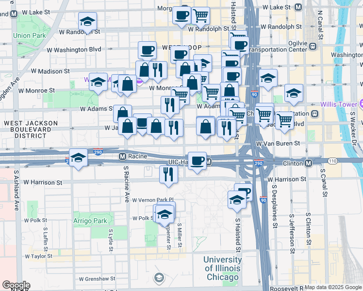 map of restaurants, bars, coffee shops, grocery stores, and more near 1010 West Van Buren Street in Chicago
