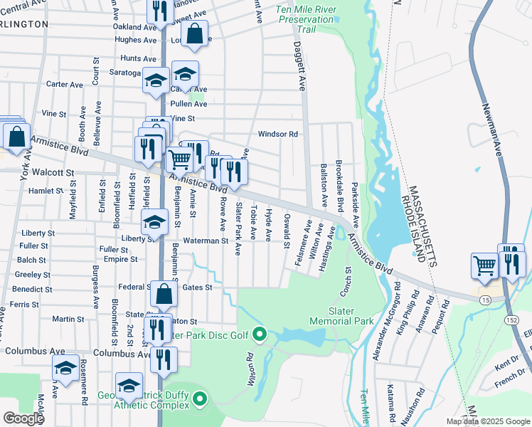 map of restaurants, bars, coffee shops, grocery stores, and more near 4 Hyde Avenue in Pawtucket