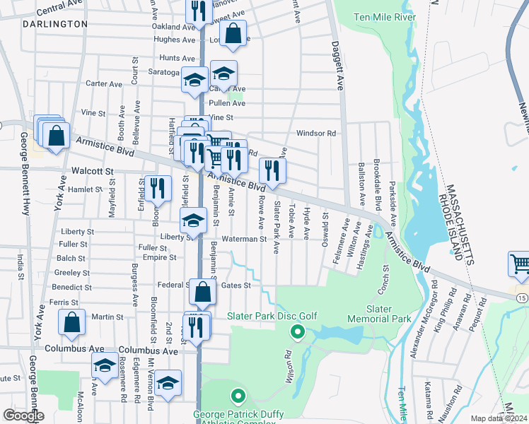 map of restaurants, bars, coffee shops, grocery stores, and more near 26 Rowe Avenue in Pawtucket