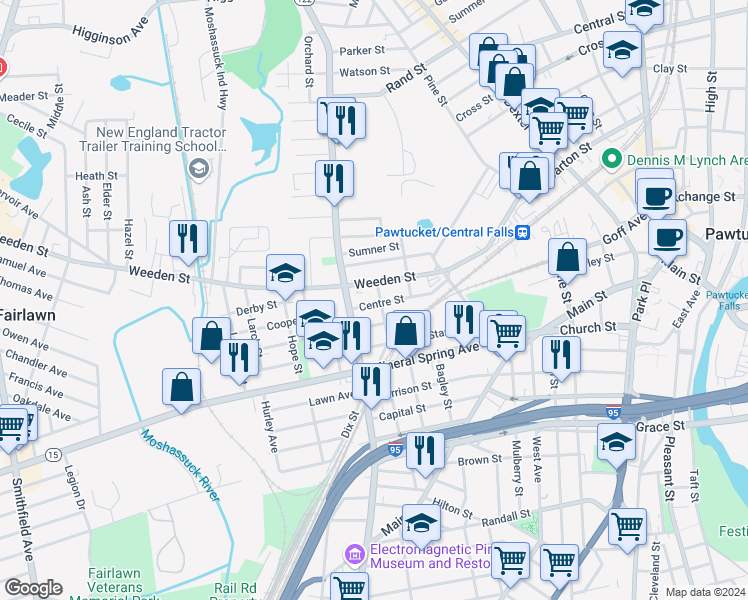 map of restaurants, bars, coffee shops, grocery stores, and more near 320 Weeden Street in Pawtucket