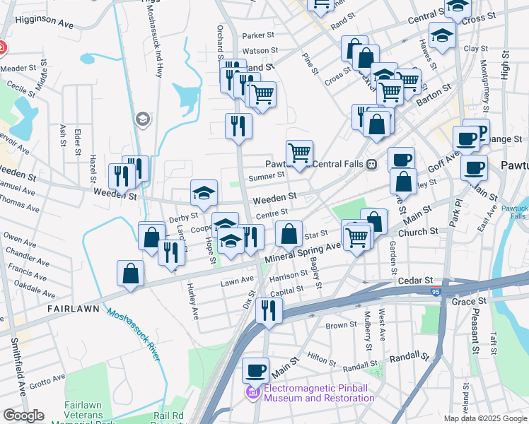 map of restaurants, bars, coffee shops, grocery stores, and more near 320 Weeden Street in Pawtucket