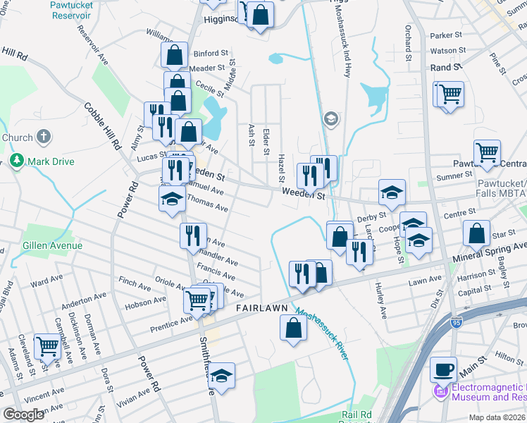 map of restaurants, bars, coffee shops, grocery stores, and more near 45 Samuel Avenue in Pawtucket