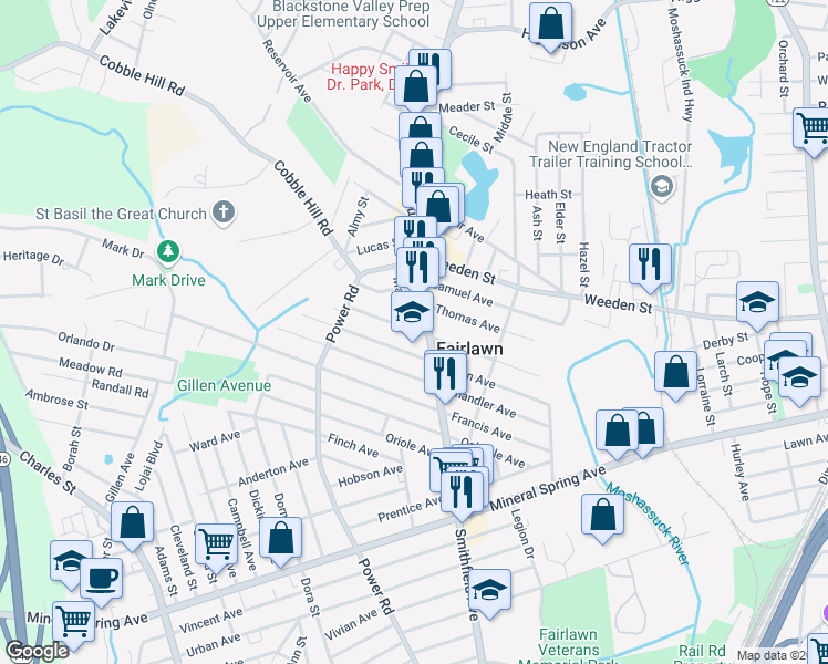 map of restaurants, bars, coffee shops, grocery stores, and more near 539 Smithfield Avenue in Pawtucket