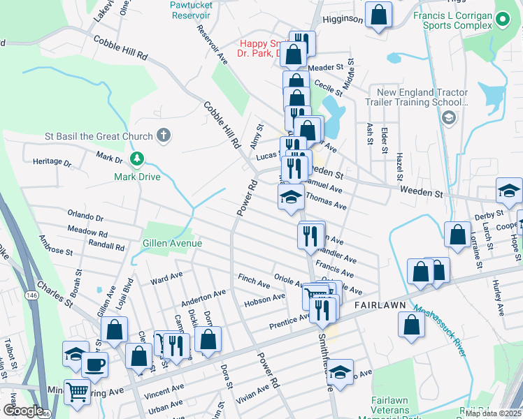 map of restaurants, bars, coffee shops, grocery stores, and more near 543 Power Road in Pawtucket