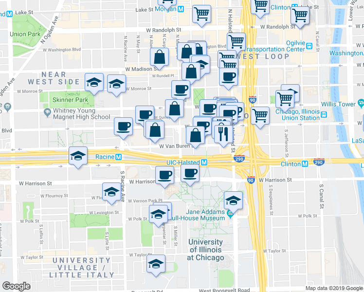 map of restaurants, bars, coffee shops, grocery stores, and more near 947 West Van Buren Street in Chicago