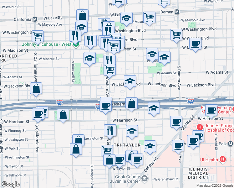 map of restaurants, bars, coffee shops, grocery stores, and more near 2333 West Jackson Boulevard in Chicago