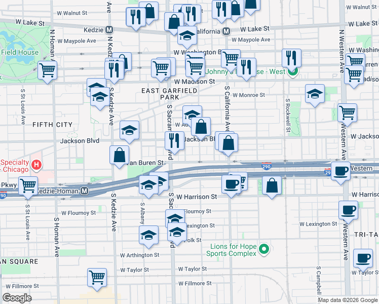 map of restaurants, bars, coffee shops, grocery stores, and more near 2907 West Jackson Boulevard in Chicago