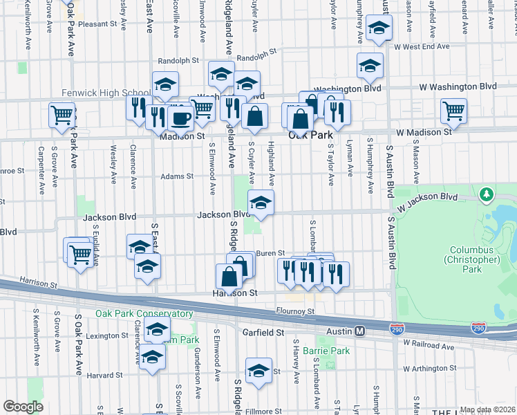 map of restaurants, bars, coffee shops, grocery stores, and more near 711 South Cuyler Avenue in Oak Park