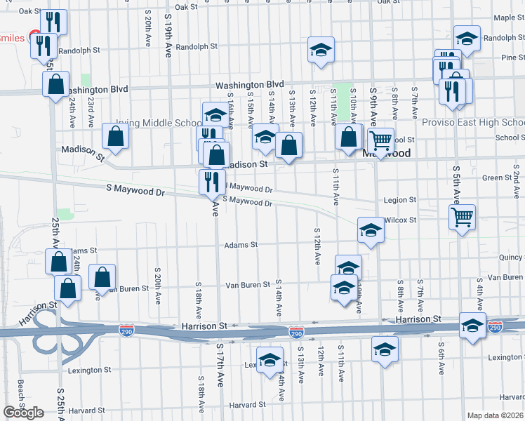 map of restaurants, bars, coffee shops, grocery stores, and more near 1201 South 15th Avenue in Maywood