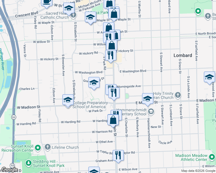 map of restaurants, bars, coffee shops, grocery stores, and more near 520 South Main Street in Lombard
