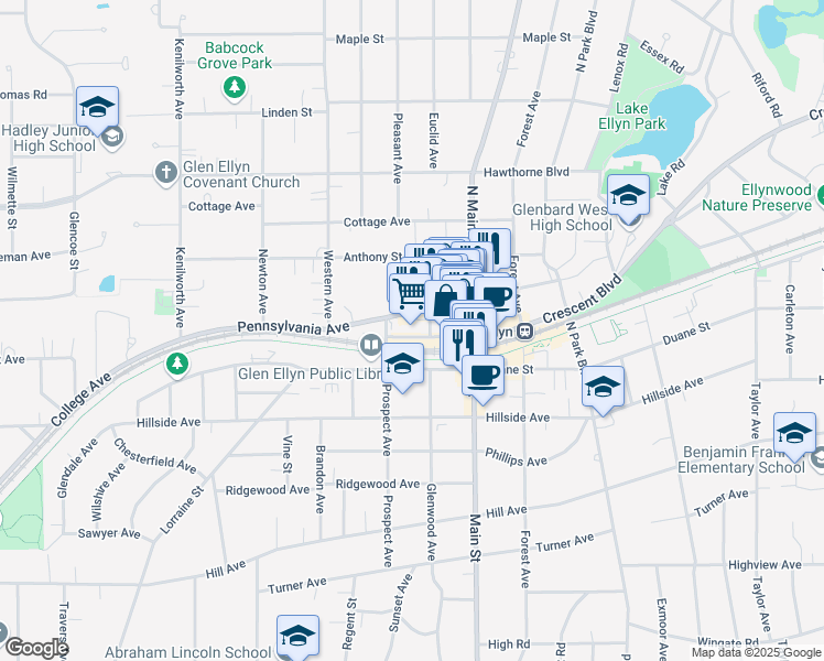 map of restaurants, bars, coffee shops, grocery stores, and more near 475 Pennsylvania Avenue in Glen Ellyn