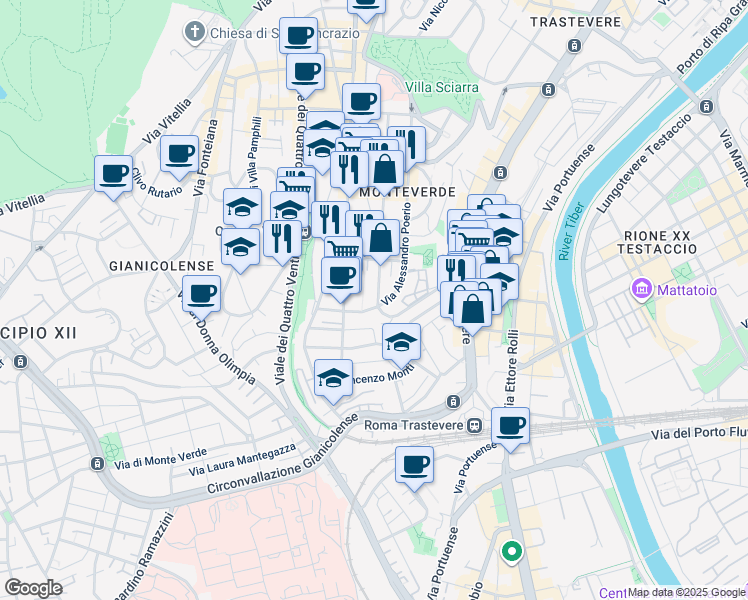 map of restaurants, bars, coffee shops, grocery stores, and more near 5 Via Felice Cavallotti in Roma