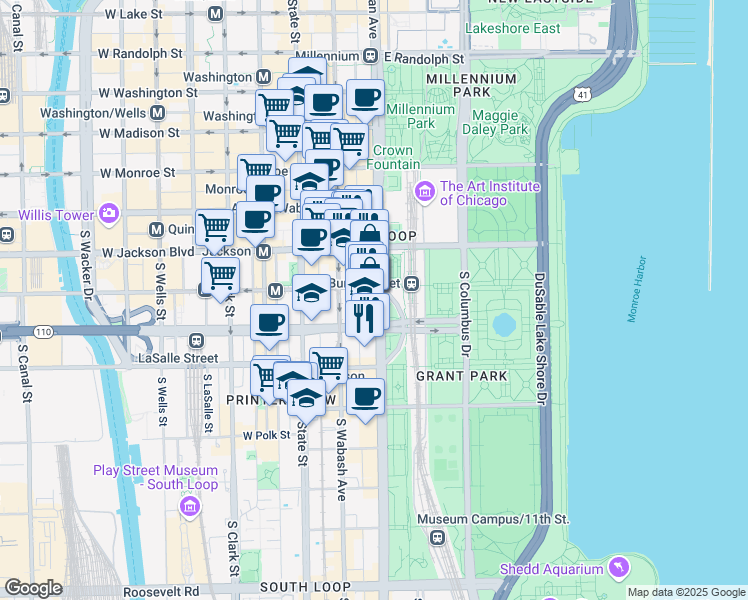 map of restaurants, bars, coffee shops, grocery stores, and more near 410 South Michigan Avenue in Chicago