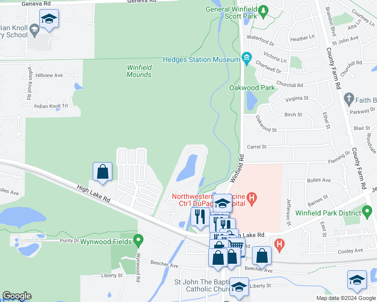 map of restaurants, bars, coffee shops, grocery stores, and more near 27 Windermere Road in Winfield