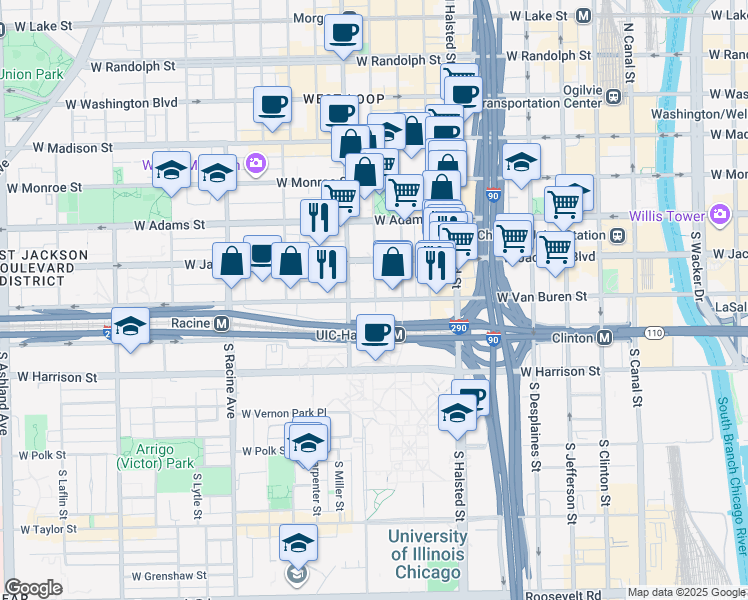 map of restaurants, bars, coffee shops, grocery stores, and more near 932 West Van Buren Street in Chicago