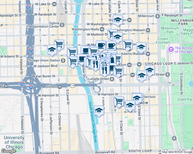 map of restaurants, bars, coffee shops, grocery stores, and more near 235 West Van Buren Street in Chicago