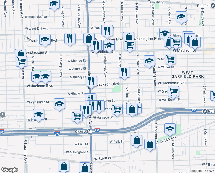 map of restaurants, bars, coffee shops, grocery stores, and more near 4652 West Jackson Boulevard in Chicago