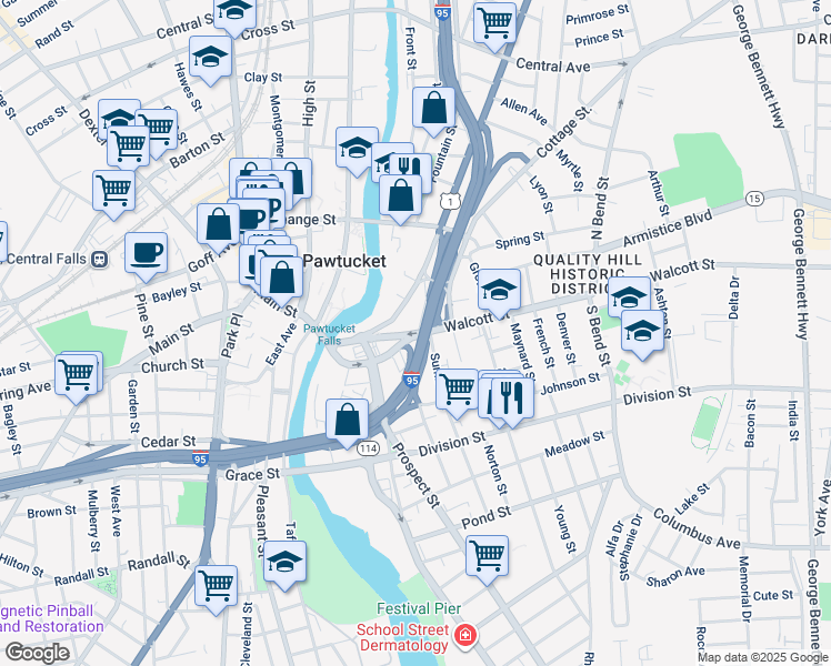 map of restaurants, bars, coffee shops, grocery stores, and more near 56 Walcott Street in Pawtucket