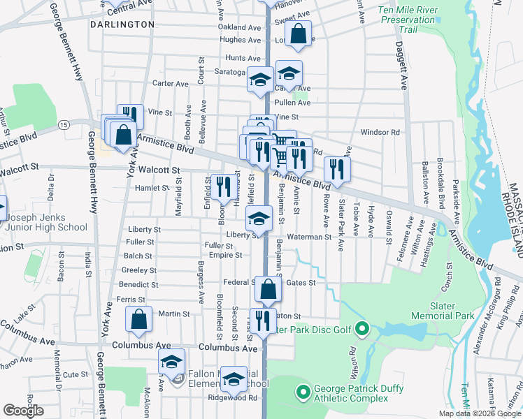 map of restaurants, bars, coffee shops, grocery stores, and more near 166 Littlefield Street in Pawtucket