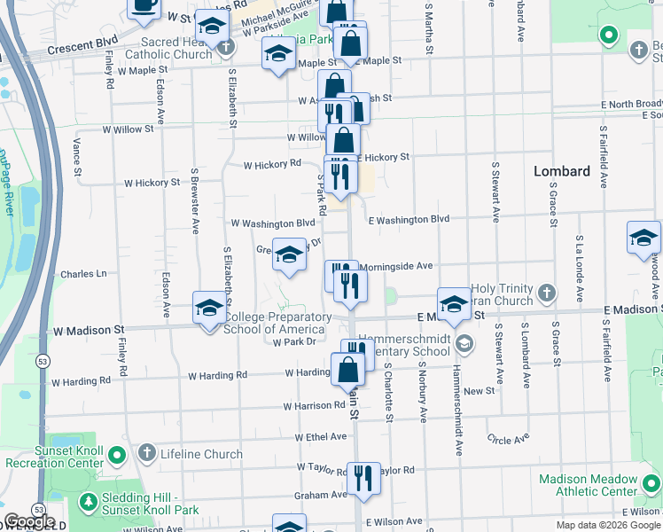 map of restaurants, bars, coffee shops, grocery stores, and more near 520 South Main Street in Lombard