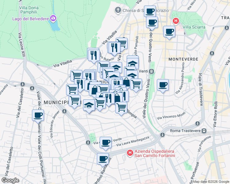 map of restaurants, bars, coffee shops, grocery stores, and more near 52 Via di Donna Olimpia in Roma