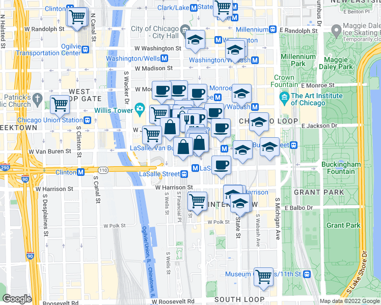 map of restaurants, bars, coffee shops, grocery stores, and more near 401 South LaSalle Street in Chicago