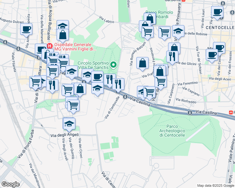 map of restaurants, bars, coffee shops, grocery stores, and more near 646 Via Casilina in Roma