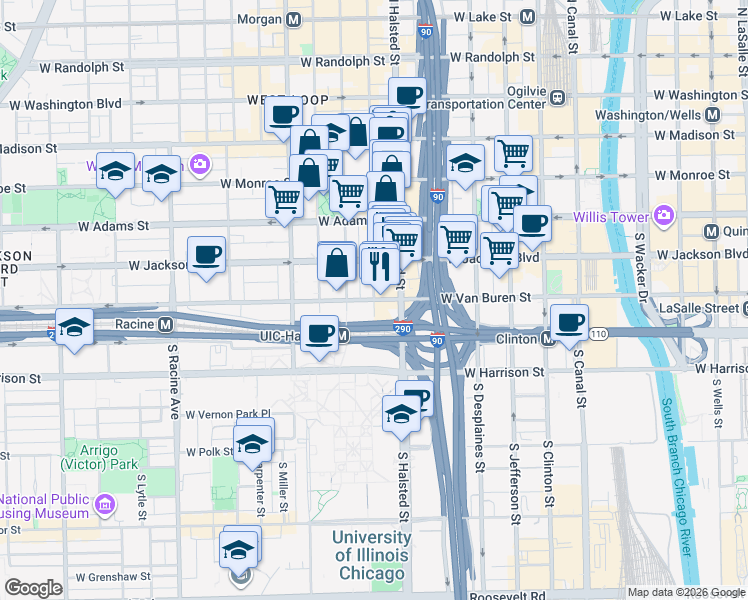 map of restaurants, bars, coffee shops, grocery stores, and more near 500 South Green Street in Chicago